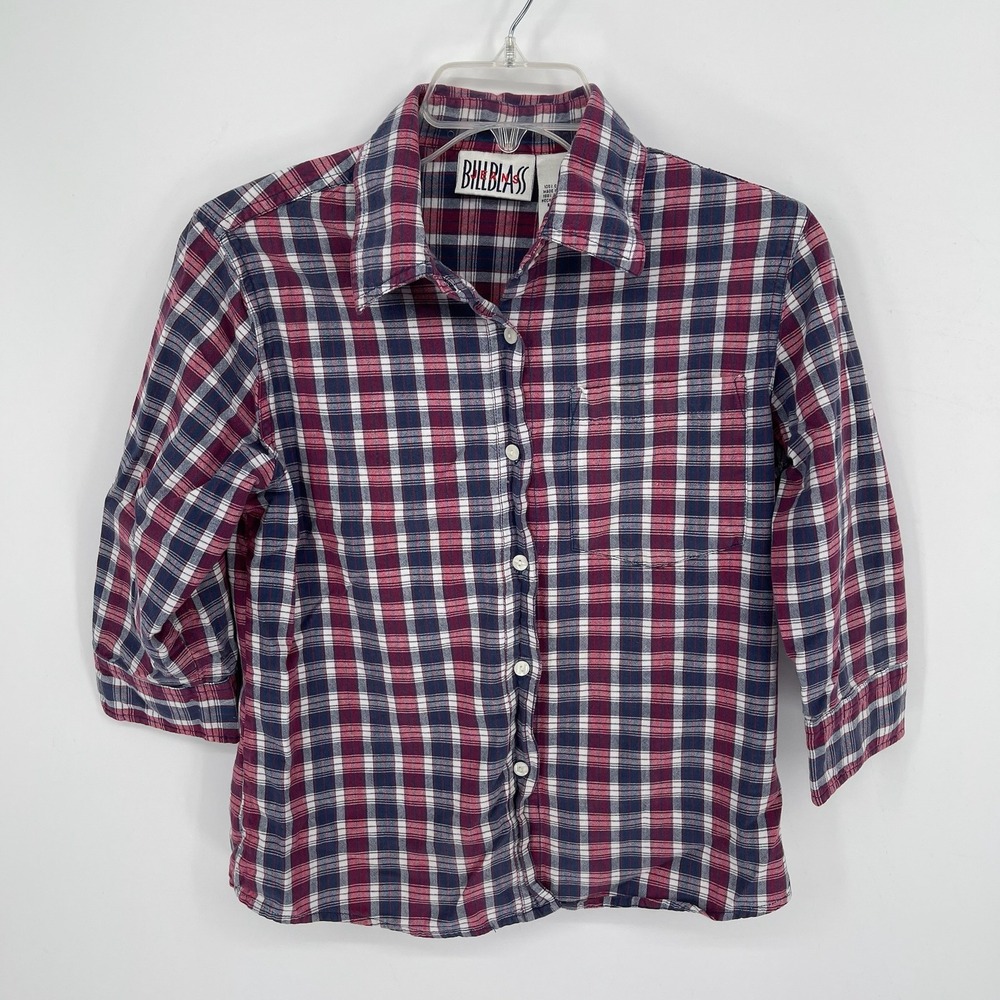 Bill Blass Women's Red Plaid Button Down 3/4 Sleeve Shirt Size‎ Small
